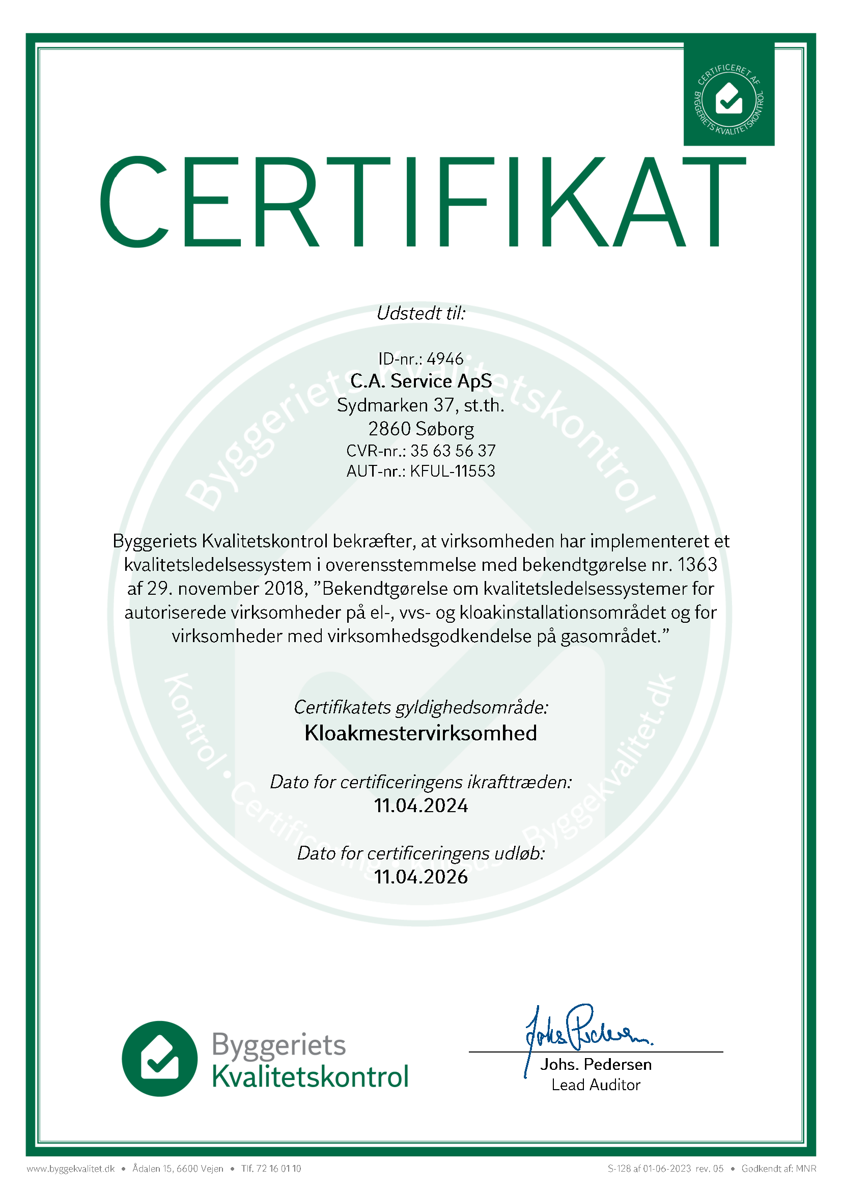Certifikat for godkendt kvalitetsledelsessystem system