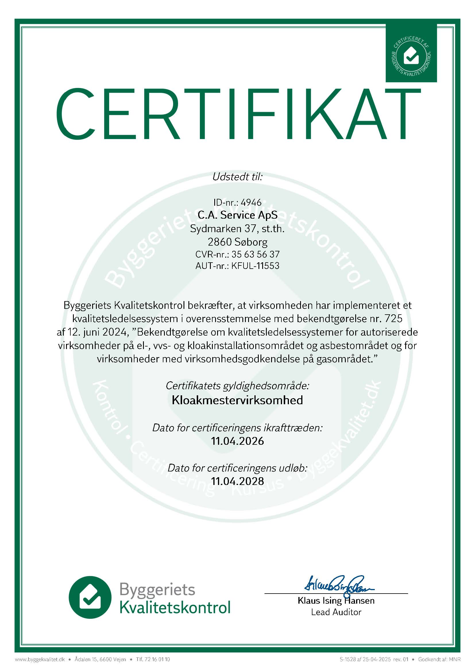 Certifikat for godkendt kvalitetsledelsessystem system